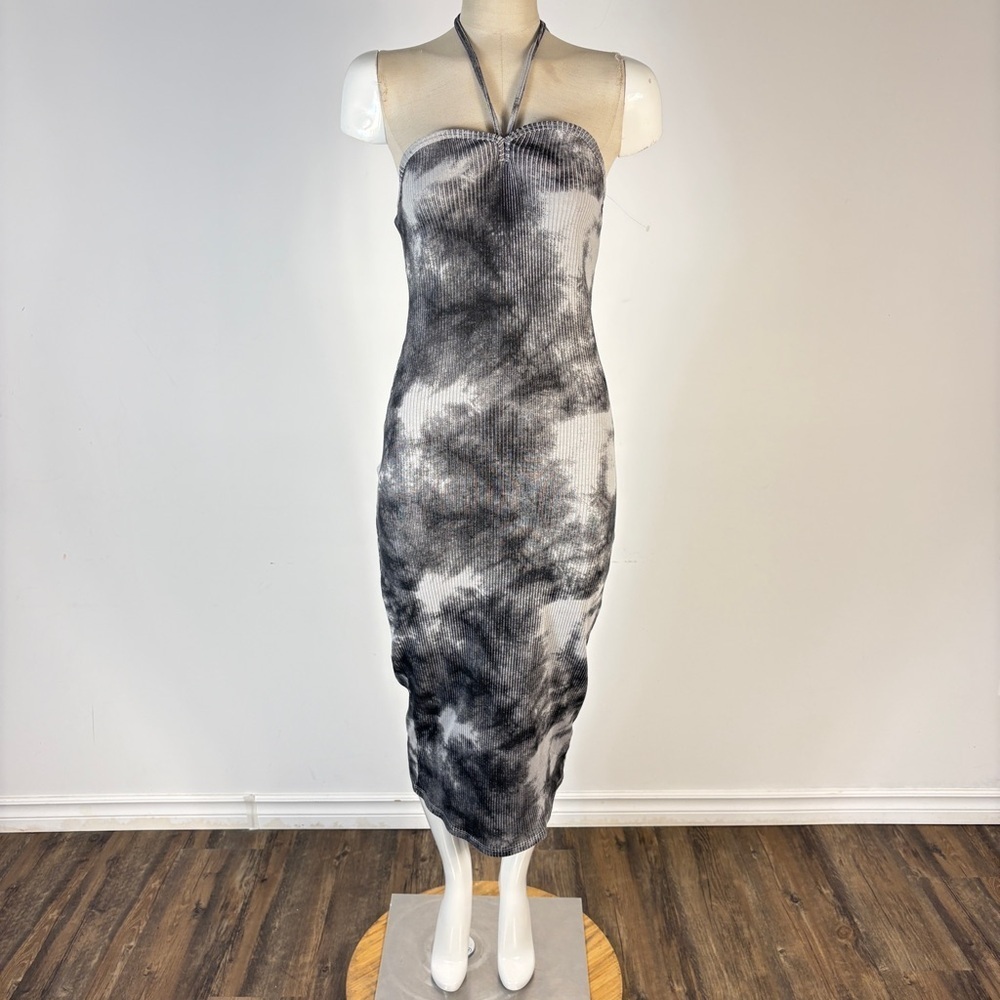 ❤️ Zara Tie Dye Ribbed Halter Midi Dress Grey Black S